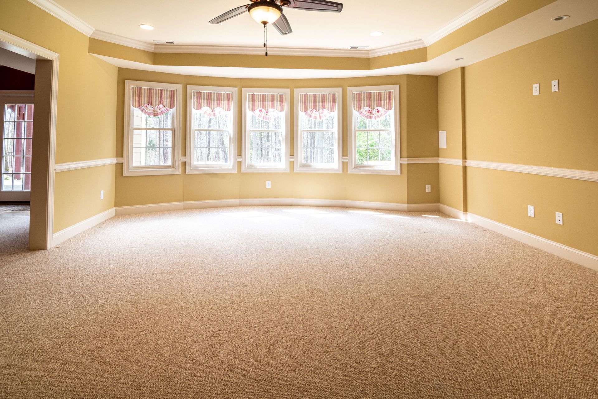 Bright empty room with large windows, carpet flooring, and ceiling fan, ideal for residential use.